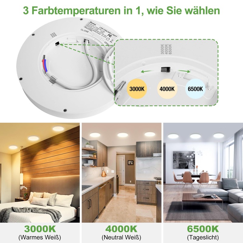 zemty 3 Colours 3000/4000/6500 K LED Ceiling Light Flat, 15