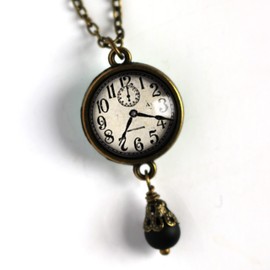 Black And White Clock Reversible Pendant Necklace With 18" Nicke-Free Brass Chain