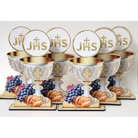 Ooki 6pc JHS Cup Wood Party Favor Stand Baptism 1st Holy Communion Confirmation Centerpiece Cutout Grape Bread Chalice Religious Cross Primera Communion Laser