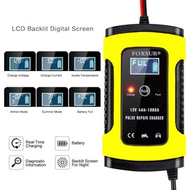 FOXSUR Car Battery Charger & Maintainer, 12V 5Amp Fully Automatic Intelligent Battery Charger with LCD Screen, Used to Charge, Maintain and Repair Batteries for Various Vehicle (Yellow)