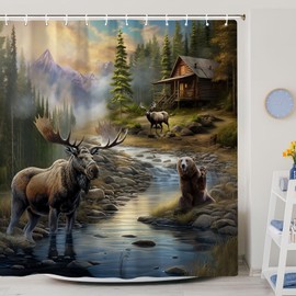 Rustic Bear Shower Curain, Country Cabin Lodge Lake Woodland Funny Bear Moose Deer RV Farmhouse Shower Curtain for Bathroom, Hunting Camp Shower Curtain Fabric Machine Washable with Hooks, 72 x 72 In