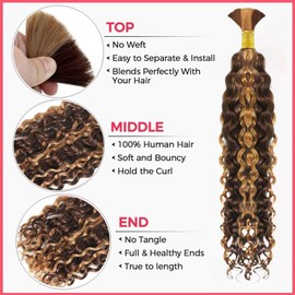 Human Braiding Hair 1 Bundle Water Wave Bulk Human Hair for Braiding 100% Unprocessed Brazilian Human Hair No Weft Highlight P4/27 Human Hair Extensions for Boho Braids (16 inch/50 g)