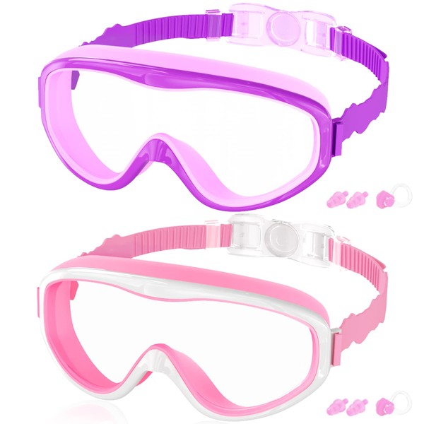 COOLOO kids swim goggles for Age 3-15, 2 Pack kids goggles for swimming with nose cover, No Leaking, Anti-Fog, Waterproof
