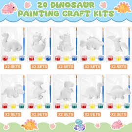 Simgoing 20 Set Dinosaur DIY Painting Kit Ceramic to Paint Your Own Dinosaur Statues Unpainted Plaster Figurines Brushes Acrylic Paints Bags Arts and Crafts Kits Party Favor for Kids Boys Adults Girls