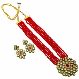 JewarHaat Necklace Set Red Crystal Layered Chain/Mala Gold Plated Pearl Ad Cz Pendant Gold Tone Kundan Inspired Meena Work Long Rani Haar With Matching Earrings For Women And Girls, Brass, Cubic Zirconia
