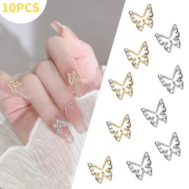 Pack of 10 Alloy Butterfly Nail Stones (5 Gold, 5 Silver) - Metal Butterfly Nail Art Pendant with Rhinestones - Nail Jewellery and Nail Jewellery for Gel Nails