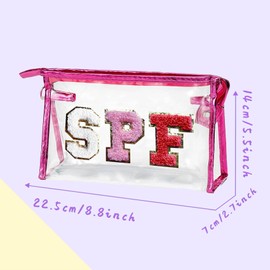 COSHAYSOO Clear Makeup Bag Preppy Sunscreen Zipper Pouch Transparent Beach Pool Travel Things Summer Stuff Traveling Cosmetic Toiletry Accessories for Women Teen Girl with Letter Patch Pink SPF