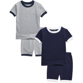 VAENAIT BABY Kids Junior Pajama Cotton Summer Short Sleepwear Pjs 4pcs Set Macaron Grey+Navy M