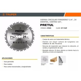 Pretul Sierra Circular P/madera 7-1/4  24 Dientes C5/8 Pretul 27055