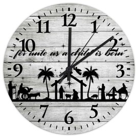 Wood Clock for Unto Us A Child is Born Modern Clock Battery Operated Silent Non-Ticking Arabic Numeral Gift for Christian Round Clock for Home Living Room Office Decoration 10 Inch