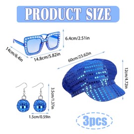 3Pcs Abba Fancy Dress Costume 70s Fancy Dress Women Accessories Disco Costume Glitter Abba Sequin Beret Hat Earrings Square Sunglasses Retro Disco Costume Set for Women Theme Party Birthday Dance