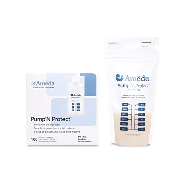 Ameda Pump'N Protect Breast Milk Storage Bags 6oz, 100pc, Resealable Breast Milk Storage Bags for Refrigerator or Freezer, BPA Free, Breastfeeding Equipment & Pumping Accessories