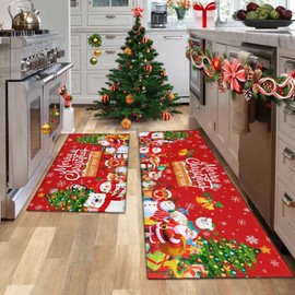 Christmas Kitchen Mats Set of 2, Merry Christmas and Happy New Year Home Kitchen Decoration Non-Slip Floor Mat Sets, Entryway & Holiday Rugs, Washable Microfiber Kitchen Carpet 17x30 + 17x47 Inch