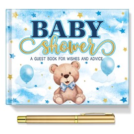 Fuyoooo 27 Pcs Blue Color Bear Baby Shower Guest Book Set Baby Shower Sign in Guest Floral Book Place Table Cards with Gold Pen Adhesive Photo Corner for Birthday Party