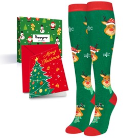 HAPPYPOP Christmas Gifts Stocking Socks for Women - Christmas Knee High Deer Socks Reindeer Stockings, Red and Green Socks for Teen Girls