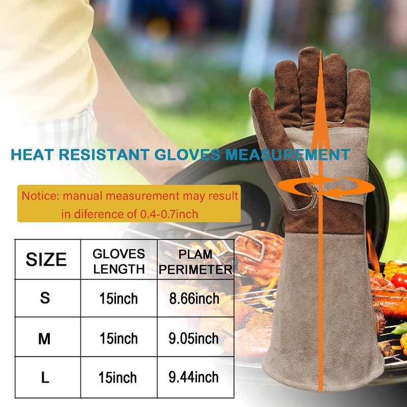 AOUCHI Cowhide BBQ Welding Gloves, Long Sleeve Fireproof and Heat