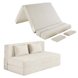 Luoxiao Folding Sofa Bed Convertible Sleeper Chair Full Size with Pillows, Foldable Futon Lazy Floor Sofa Bed, Portable Fold Out Chair Bed for Living Room/Dorm/Guest Room, Washable Cover, Off White