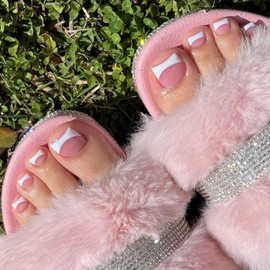 GlamRays Pack of 24 French Lace Pressure On Toenails, Short Square Tips, Full Covered, Glue, Summer Beach for Women and Girls (Pink French)