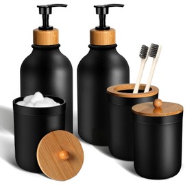 Juego de 5 Accesorios de bao en Negro Mate: dispensador de jabn de plstico, Soporte para Cepillo de Dientes, hisopos y Bolitas de algodn, decoracin de bao Bohemia