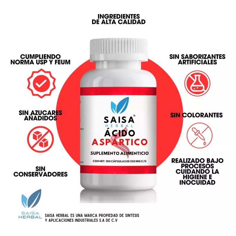 Saisa Herbal Ácido Aspártico Bolsa Con 100 Cápsulas Saisa Herbal.