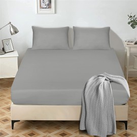 My home store Fitted Sheet 25 cm Deep Brushed Microfiber Ultra Soft No-Iron Wrinkle-Resistant Plain Dyed Fitted Bed Sheets Hypoallergenic Breathable Sheets (Grey, Double)