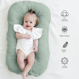 MairMore Muslin Baby Cover for Newborn, Soft and Breathable 100% Cotton Lounger Slipcover Neutral, Pack of 2(Green, Ivory)