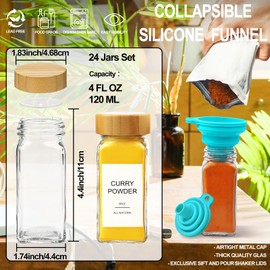 AISIPRIN Glass Spice Jars with 398 Labels, 24 pcs 4oz Spice Containers with Bamboo Lids, Square Spice Bottles With Shaker Lids,Spice Organization for Cabinet,Drawer,Rack,Seasoning Organizer