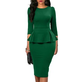 oten Women's Bodycon Dresses for Women 3/4 Sleeve Peplum Professional Church Teacher Office Business Wear to Work Sheath Suiting Dresses Green Large