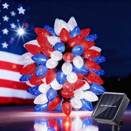 L LAMPOP 4th of July Decorations C7 Bulb Solar String Lights Outdoor Waterproof 50 LED Red White Blue Solar Lights for Independence Day President Memorial Day Christmas Party Patriotic Decorations