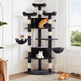 Allewie 73in Fan-Shaped Space-Saving Corner Cat Tower/Multi-Level Tall Cat Tree for Indoor Kitties/Cozy Baskets/Condos/House/Perches/Sisal Scratching Posts/Pet Activity Center/Dark Grey