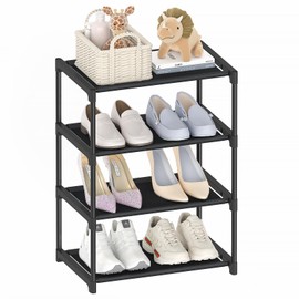 Autonomier 4 Tier Small Shoe Rack, Narrow Stackable Kids Toddler Adult Shoe Storage Organizer Shelf for Closet Floor Entryway Bedroom, Space Saver Shoe Rack Organization Shelves