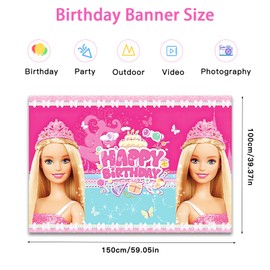 Cartoon Princess Theme Party Backdrop - Kid's Birthday Banner Photography Background, Pink Sign Poster For Girls & Boys (5 * 3FT)