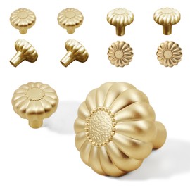CEYMIO Brushed Gold 8 Pack Cabinet Knobs, Retro Floral Design, Metal, 2.1" x 3.9" Round, Indoor Use