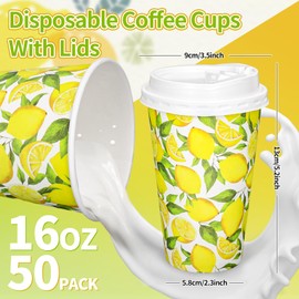 Whaline 50 Pcs Summer Lemon Coffee Paper Cups Watercolor Yellow Lemon Fruit 16oz Disposable Cups with Lids for Hot Cold Drinks Birthday Holiday Party Supplies