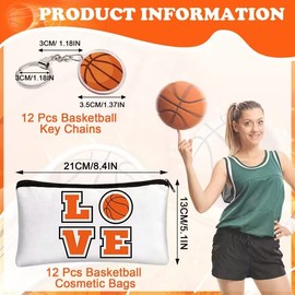 12 Pcs Basketball Makeup Bags and 12 Pcs Basketball Keychains, Portable Toiletry Cosmetic Bag with Zippers Storage Pencil Cases Team Gifts Basketball Party Supplies for Girls and Boys