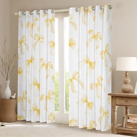Feelyou Yellow Bow 30%-50% Room Blackout Curtain (2 Panels, 38 x 45 Inch) Cute Dreamy Princess Style Curtains for Bedroom Living Room Bow Pattern Blackout Curtains Yellow Bowknot Window Treatments Bow