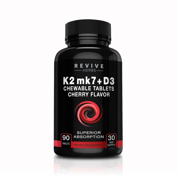 Revive Herbs Vitamin K2 D3 - Cherry Flavored Chewable Tablets for Superior Calcium Absorption - Supports Bone & Cardiovascular Health - Serving Size K2 mk7 225 mcg, D3 6000 IU - Vitamin D3 K2