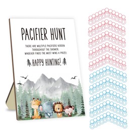 Baby Shower Games Set, Baby Pacifier Hunt Game, Baby Pacifier Hunt Jungle Animal Sign Wooden, 50 Mini Pink Acrylic Pacifiers and 50 Blue Pacifiers, Favorite Adults Kids Games for Baby Shower