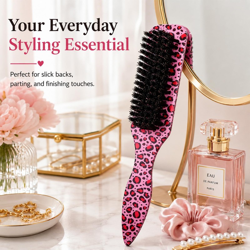 Leopard Print Hair Brush, Pink Soft Bristle, Slick Back Styling
