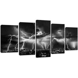 Biuteawal - Black and White City Wall Art Nature Lightning Strikes in The Clouds Painting on Canvas Storm Cityscape Picture Print for Home Office Bedroom Decoration