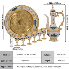 Turkish Coffee Cup and Tea Pot Set Including Teapot,Tea Tray,6 Metal Cups,Tea Service Set for Tea Table Decor,Hip Flask (Blue Flower)