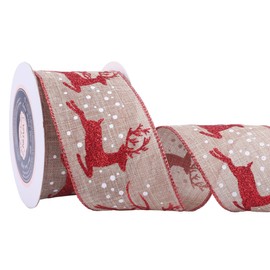 VATIN Christmas Ribbon, Tan with Red Sparkle Reindeer and Dots, 2-1/2 Inch x Continuous 10 Yards Spool Christmas Tree Ribbon for Topper Bow, Christmas Wreath, Tree Decoration, Gift Wrapping