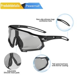 Powerruif Cycling Glasses, Self-tinting Sunglasses, Men, Women, UV400 Protection, Sports Glasses, Photochromic for Cycling, E Bike, MTB, Road Bike, Running, Golf, Baseball, Fishing, Trekking