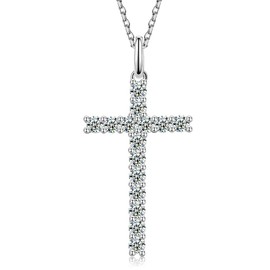 EcoGems LAB GROWN EXPERTS 18K White Gold Over Silver Moissanite Cross 16/18 Inch Pendant Necklace For Women 0.90 Cttw (D Color VVS Clarity) Comes With Gift Box