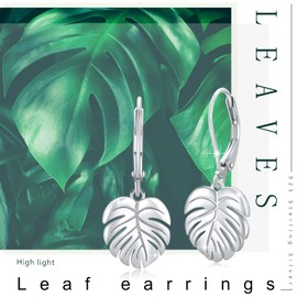 Monstera Earrings 925 Sterling Silver Leverback Earrings Palm Leaves Tropical Earrings Plant Dangle Drop Earring for Women Girls Fashion Jewellery, Sterling Silver, No Gemstone