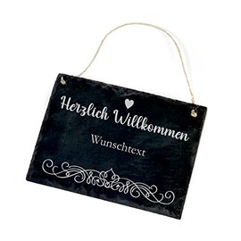 Slate Sign "Herzlich Willkommen mit Wunschtext" Name and Ornament Heart Motif Door Sign Door Decoration Welcome Sign 22 x 16 cm