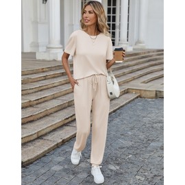 Ekouaer 2 Pack Womens Pajama Sets Short Sleeve Tops Jogger Pants Lounge Sets Soft Loungewear Printed Pj with Pockets