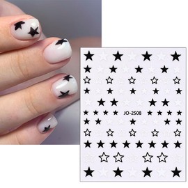 6 Sheets Star Nail Art Stickers Self-Adhesive Nail Decals Black White Stars Bow Heart Nail Art Design Hollow Out Heart Nail Supplies for Women Girls DIY French Nail Decoration Accessories