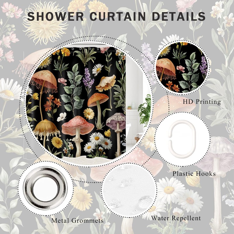 DEMCEAR Country Mushroom Floral Shower Curtain,Black, 72W X 72L inches