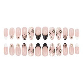 Flower Press on Nails Almond Fake Nails Medium Glossy Stick on Nails with Rhinestone Design Natural Full Cover False Nails Artificial Acrylic Nail French Tip Glue on Nails for Women Manicure 24Pcs